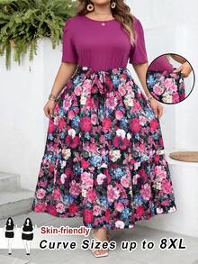 SHEIN CURVE+ Curve 尺码 US22 音乐节、海滨度假、波西米亚风夏季休闲度假印花拼接短袖连衣裙长裙 - 紫色 - 查看 1