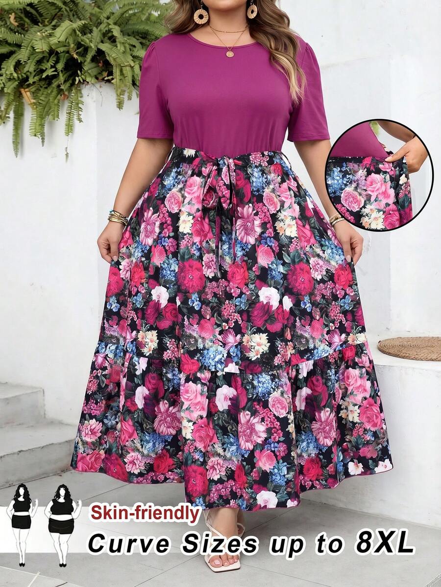 SHEIN CURVE+ Curve 尺码 US22 音乐节、海滨度假、波西米亚风夏季休闲度假印花拼接短袖连衣裙长裙 - 紫色 - 查看 1