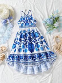 Young Girls' Fashionable Printed Spaghetti Strap Dress, Summer - Multicolor - View 3