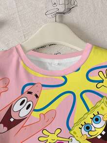 SpongeBob SquarePants | SHEIN Tween Girls Cartoon Full Print T-Shirt - White - View 4