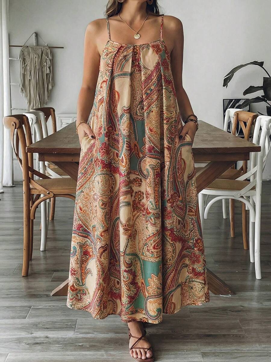 SHEIN LUNE Plus Size Women Floral Print Ruched Cami Dress, Holiday Holiday Vacation Beige Summer Boho - Multicolor - View 1
