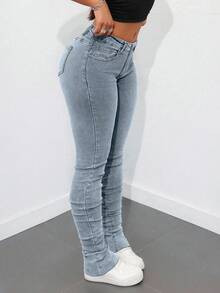 SHEIN ICON 大码女式高腰紧身个性化时尚牛仔裤 - 藍色 - View 7