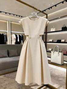 Franclia Đầm midi dáng chữ A cổ tròn không tay, thắt eo, thanh lịch, lãng mạn cho kỳ nghỉ hè, dự tiệc, đi làm dành cho nữ. - Màu be - Xem 3