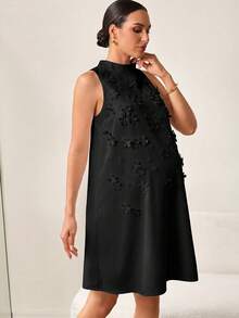 MaterniWear Pregnant Women Solid Color 3D Floral Decor Elegant Sleeveless Dress - Black - View 9