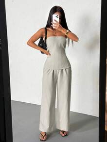 SHEIN PETITE Bộ đồ nữ gồm áo quây và quần cạp chun kẻ sọc màu mơ mới, bộ đồ nữ thường ngày, bộ quần áo kẻ sọc, bộ đồ kẻ sọc màu mơ, trang phục tối giản hàng ngày cho kỳ nghỉ, quần áo mùa xuân/hè, thanh lịch, đi làm, trang phục công sở, trở lại trường học, kỳ nghỉ, phong cách bohemian, đi biển, dịp trang trọng, thoải mái, cổ điển, áo, trang phục đi làm. - Màu be - Xem 4