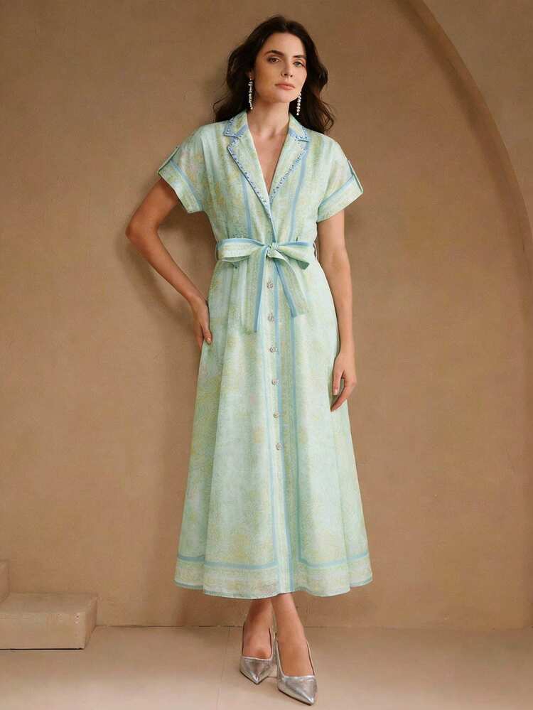 Light Green Elegant Rhinestone Collar Short Sleeve Tie Waist Vacation Midi Dress For Women, Spring/Summer