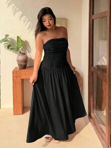 SHEIN EZwear 大码黑色拼接A字连衣裙，休闲度假风，春夏款 - 黑色 - 查看 1