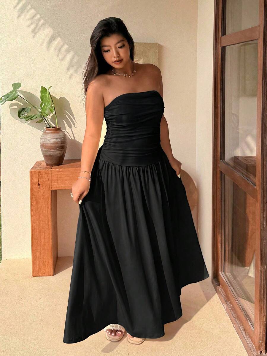 SHEIN EZwear 大码黑色拼接A字连衣裙,休闲度假风,春夏款 - 黑色 - 查看 1