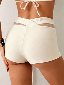 SHEIN Swim Quần short thể thao nữ mùa hè phối lưới - Màu be - Xem 2