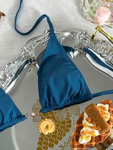 Swim Basics Áo bikini hai mảnh hở lưng, buộc dây phía trước, kiểu dáng gợi cảm dành cho nữ, thích hợp đi biển/nghỉ dưỡng. - Màu xanh lam - Xem 4