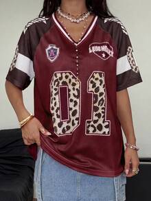 Coolane Women's Summer Streetwear Casual Y2K Leopard Print Number Graphic Football Jersey V-Neck Burgundy T-Shirt, Top Everyday - Red Violet - View 5