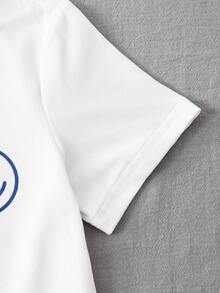 Set de 2 piezas con camiseta de manga corta de cuello redondo de tela de punto de unicolor y pantalones largos a rayas para niño pequeño, adecuado para uso casual de verano y vacaciones - Azul - Ver 5