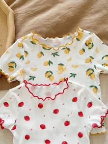 SHEIN LMoss Kids Dozemod 女嬰 4 件組可愛花卉印花荷葉邊圓領短袖上衣與短褲休閒舒適睡衣套裝，夏季 - 彩色 - 查看 4