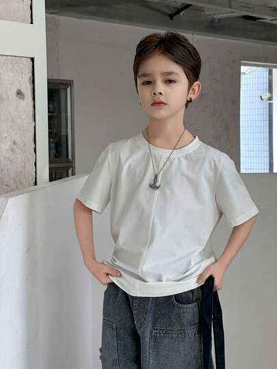 Dazy Kids Tween Boy Solid Color Round Neck Casual Loose Short Sleeve T-Shirt