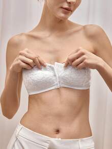 Bralution 1pc Women's Sexy Lace Wireless Front Closure Plunge Push Up Backless Bra - White - View 2