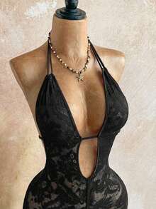 Soleia Plus Size Women Lace Deep V Sexy Halter Romper Beach Vacation Black Summer - Black - View 4