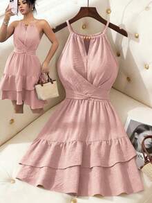 2026 Flora Isola Vestido mini ajustado y acampanado sin mangas con lazo elegante y cuentas para mujer, color caqui, primavera/verano - Rosa Pálido - Ver 4