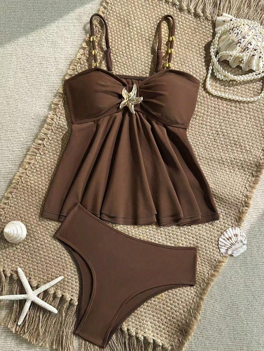 SHEIN 少女棕色钩针编织露背荷叶边比基尼套装 - 棕色 - 查看 1