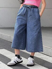 SHEIN 少女系带口袋阔腿宽松牛仔裤 - 深色水洗藍 - 查看 5