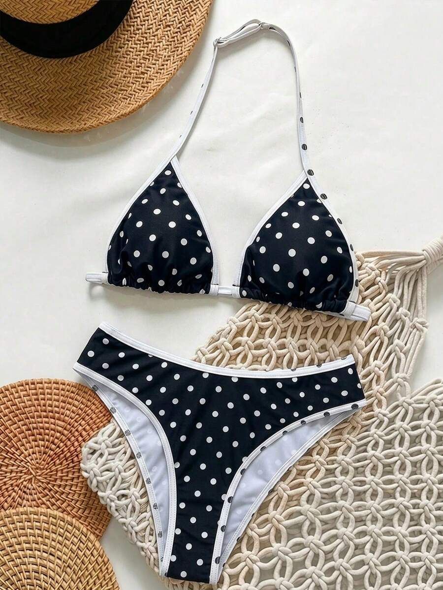 SHEIN Teen Girl Polka Dot Halter Tie Bikini Top And Triangle Bottoms 2-Piece Swimwear Set, Suitable For Summer Vacation - Black - View 1