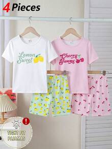 4pcs/Set Teen Girl Snug Fit Pajama Set,Lemon & Cherry Fruit Print,Green And White,Summer,Cute,Family Matching,Round Neck Short Sleeve Shorts Pajamas - Multicolor - View 6