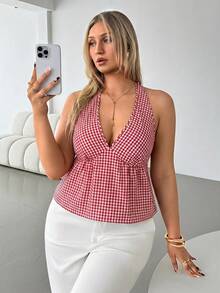 Auralis Große Größen Rot & Weiß kariertes Trägertop/Bluse für Damen, elegant für den Arbeitsweg, Büro, Cocktailparty, vielseitiger V-Ausschnitt Peplum Top/Persönlicher, moderner, eleganter Y2K-Stil für Bar, Musikfestival, rückenfreies Top mit Bindeträgern - Rot-Weiß - Übersicht 2