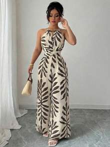 SHEIN LUNE CURVE جمبسوت قفزة مطبوعة بورق الشجر بتصميم الحلقة للحجم الكبير للعطلات الصيفية - متعدد الألوان - مشاهدة 3