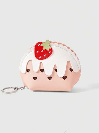 Kawaii 1 pieza Bolso de mujer con colgante de cuero con diseño de fresa tridimensional en forma de corazón, accesorio creativo y dulce
