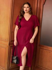 Auvina Elegant V-Neck Ruffle Sleeve Plus Size Women Solid Color Split Hem Dress - Burgundy - View 6
