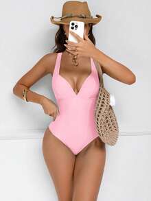 Shapewave Traje de baño de una pieza con control de abdomen y push-up, con parches de color marrón, espalda cruzada, cordón y diseño elegante y sexy para fiestas y piscina - Rosa Pálido - Ver 5
