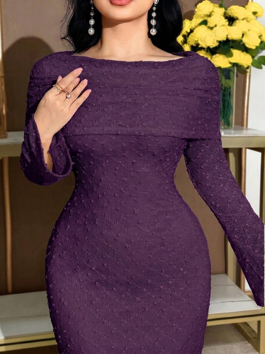 Modelyn 大码女式优雅纯色纹理面料喇叭袖修身连衣裙,春秋季 - 紫色 - 查看 1