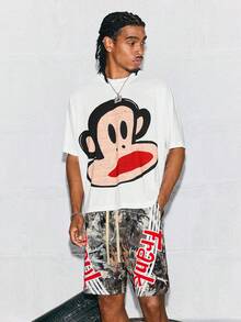 Paul Frank X SHEIN 男士卡通动物印花T恤和短裤休闲套装 - 白色 - 查看 5