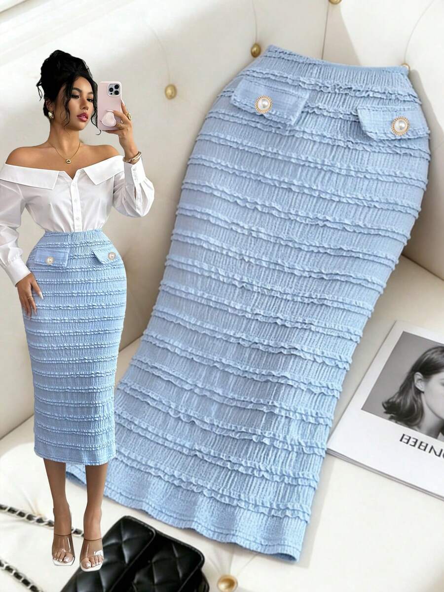 Elenzga 女士纯色百褶休闲百搭约会/旅行迷你裙 - 藍色 - 查看 1