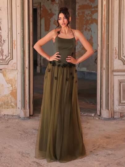 Aureia Elegant Luxurious Green Satin Patchwork Mesh, Spaghetti Strap Tie-Up Extra-Large Flared Skirt Trailing, Women's Formal Evening Gown