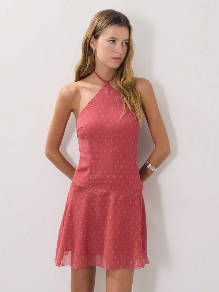 Nöista Polka Dot Pink Summer Elegant Romantic Brunch Printed Halter Mini Dress Cross-Neck Strap Texture Fitted Bodice Flared Skirt Party Vacation Date Night - Red - View 1