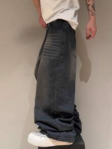 STEELVANCE Celana Jeans Kasual Model Lurus Longgar dengan Desain Bordir Kumis Kucing Bergaya Vintage dan Efek Usang, Streetwear Serbaguna - Hitam - View 5