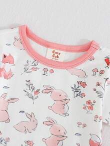 Cozy Pixies Conjunto de pijama ajustado para bebé niña, con estampado de conejo y seta de dibujos animados, de punto suave, cuello redondo, manga corta y leggings de cintura elástica - Multicolor - Ver 4