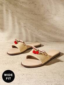 SHUZIA Women's Fashion Comfy Vegan Leather Cherry Fruit Decor Slip-On Flat Sandals - Beige - View 5