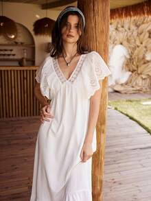 Lullawish Bohemian Style Romantic Embroidered Floral Lace Patchwork V-Neck Ruffle Trim Loose Long Nightgown For Women - White - View 5