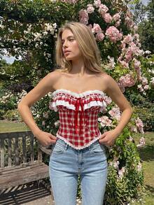 Glamine Charm Women's Fashionable Plaid Ruffle Hem Tube Top For Summer Corset Top Women Red Plaid Corset Top Western Corset Top - Red - View 6