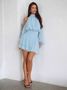 Aloruh Vestido Roxo-Vermelho de Manga Longa Ombro de Fora, Vestido Elegante Casual de Colarinho Pequeno, Primavera - Azul bebê - Visão 5