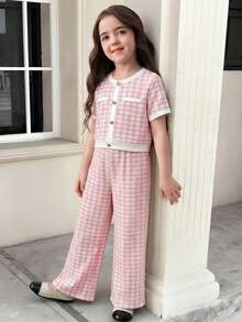 SHEIN 2pcs/Set Young Girl Elegant Pink & White Contrast Gold Button Blouse & Straight Leg Pants,Back To School Summer Outfit,Family Matching Party Set - Pink - View 2