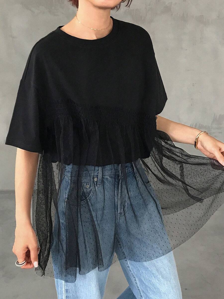 FRIFUL 女款時尚蕾絲波點拼接圓領短袖T恤 夏季 - 黑色 - 查看 1