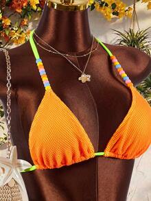 Amplova Conjunto de Maiô Bikini Sexy Feminino, Adequado para Férias, Design Fofo Bicolor Fluorescente, Ideal para Praia - Laranja - Visão 8