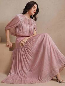 Anewsta Women's Solid Color Pleated Cape Sleeve Elegant Blouse - Dusty Pink - View 4