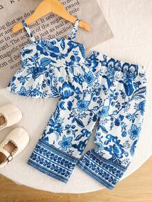 Ensemble décontracté de vacances pour bébé fille, composé d'un top à volants en coton tissé bleu rayé ajusté et confortable, et d'un pantalon large - Multicolore - Voir 3