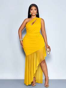 Vestido largo maxi de talla grande para mujer, de unicolor, con cuello asimétrico hueco, para uso diario, vacaciones, casual, elegante, sexy, simple, sin mangas, ajustado, - Amarillo - Ver 3