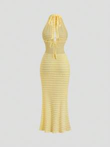 Sweetra Đầm đuôi cá màu vàng dệt kim jacquard, cổ chữ V sâu, hở lưng, kiểu yếm, thắt eo, thanh lịch, gợi cảm, thích hợp cho các bữa tiệc, ngọt ngào, dễ thương, lãng mạn, đa năng, phù hợp cho kỳ nghỉ hè, đi biển. - Màu vàng - Xem 2