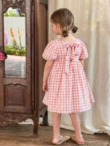 LMoss Kids 女童格纹方领泡泡袖修身连衣裙 - 粉色 - 查看 4