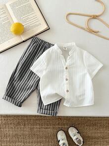 LMoss Kids 2pcs Baby Boy Woven Solid Color Collared Shirt And Pants Set - Multicolor - View 4
